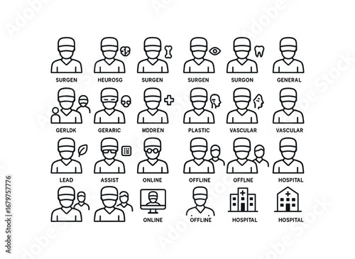 vector outline icons Surgeon (Types) surgeon heart surgeon brain surgeon ortho surgeon eye surgeon dental surgeon general surgeon child surgeon senior surgeon trauma surgeon plastic surgeon.