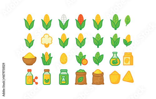 colorful flat vector icons Corn (Types) corn sweet corn corn white corn red corn blue corn baby corn pop corn dent corn flint corn waxy corn flour corn field corn seed corn hybrid corn.