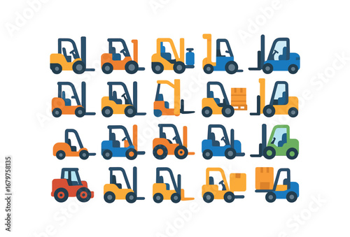 colorful flat vector icons Forklift (Types) forklift electric forklift diesel forklift gas forklift manual forklift auto forklift narrow forklift wide forklift reach forklift pallet.