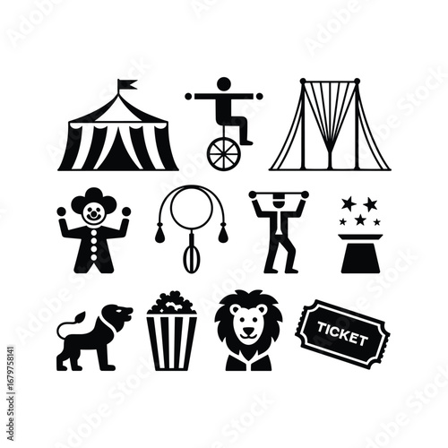 Whimsical circus icons set featuring tent clown lion popcorn ticket and performers