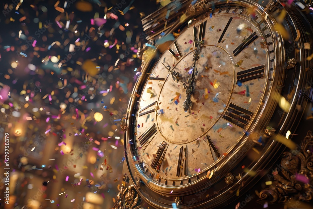 Obraz premium Vintage Clock, New Years Eve Celebration, Time Flies, Festive Confetti, Golden Hour.