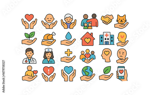 colorful flat vector icons Care (Types) care health care baby care senior care family care friend care pet care plant care food care water care home care hospital care clinic care doctor.
