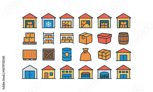 colorful flat vector icons Warehouse (Types) warehouse storage warehouse cold warehouse dry warehouse bulk warehouse goods warehouse cargo warehouse pallet warehouse rack warehouse shelf.