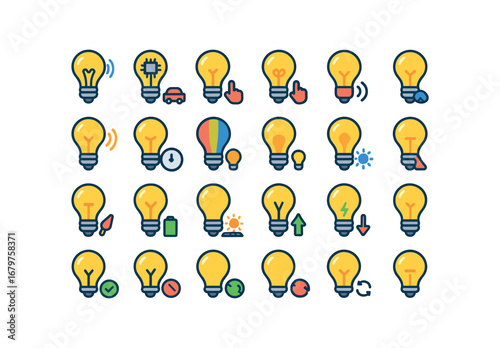 colorful flat vector icons Lamp (Advanced) lamp smart lamp ai lamp auto lamp manual lamp dimmer lamp sensor lamp motion lamp timer lamp color lamp rgb lamp warmwhite lamp daylight lamp.