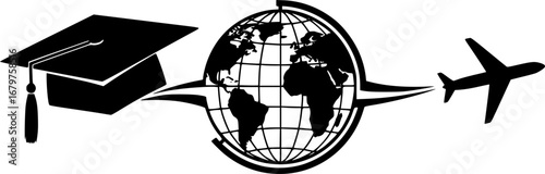 Silhouette vector of a graduation hat, globe, and airplane,