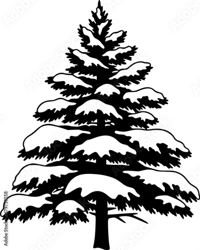 Silhouette vector of a snow-covered pine tree, 