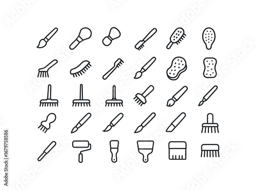 vector outline icons Brush (Types) brush paint brush makeup brush hair brush clothes brush shoe brush nail brush tooth brush scrub brush floor brush wall brush ceiling brush dish brush.