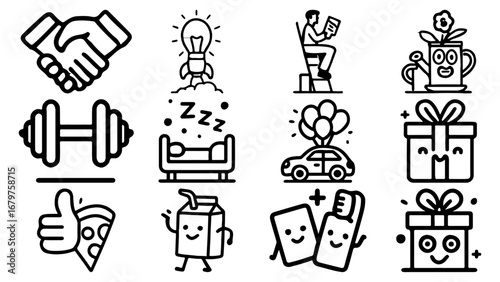 Employee Benefits Icons Line Art Solid Black Color On White Background