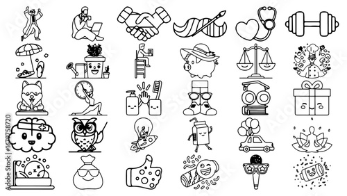 Employee Benefits Icons Line Art Solid Black Color On White Background