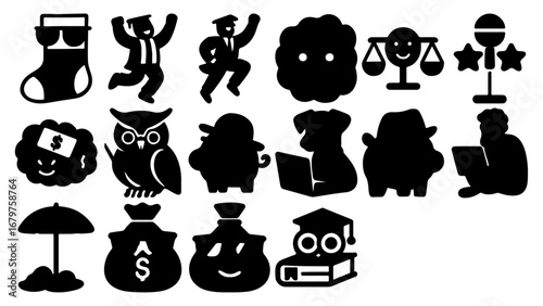 Employee Benefits Icons Silhouettes Solid Black Color On White Background