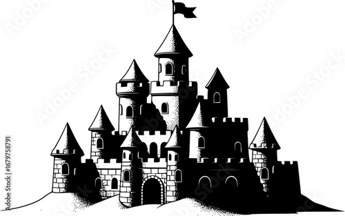 Sandcastle with flag silhouette,