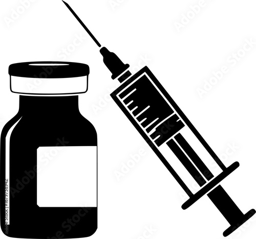 Silhouette vector of vaccination bottle and syringe icon representing immunization, medical injection, and health care.
