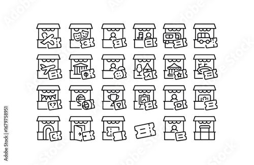 vector outline icons Ticket Booth (Uses) ticketbooth cinema ticketbooth theater ticketbooth concert ticketbooth train ticketbooth bus ticketbooth ferry ticketbooth flight ticketbooth museum.