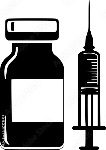 Silhouette vector of vaccination bottle and syringe icon representing immunization, medical injection, and health care.
