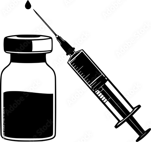 Silhouette vector of vaccination bottle and syringe icon representing immunization, medical injection, and health care.
