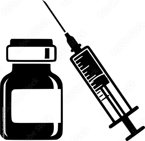Silhouette vector of vaccination bottle and syringe icon representing immunization, medical injection, and health care.
