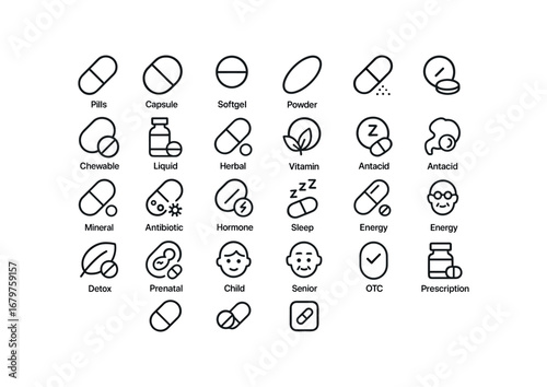 vector outline icons Pills (Types) pills capsule pills tablet pills softgel pills powder pills chewable pills liquid pills herbal pills vitamin pills mineral pills antibiotic pills.