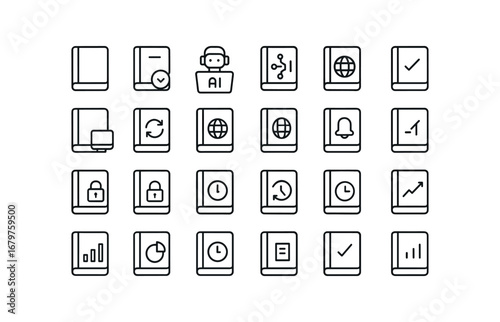 vector outline icons Notebook (Advanced) notebook smart notebook ai notebook auto notebook manual notebook synced notebook unsynced notebook online notebook offline notebook monitor.