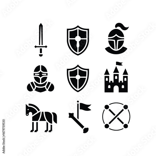 Medieval knightly icons collection featuring sword shield helmet castle horse and more