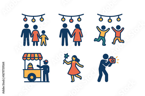 vector colorful flat filled icons evening lights festival (crowds): families walking couples holding hands children playing vendors selling snacks performers photographers.