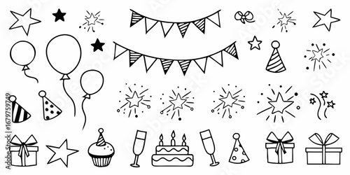 Collection of hand drawn birthday party elements including balloons gifts cake hats and stars