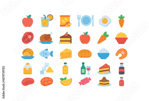 colorful flat vector icons Calories (Types) calories food calories drink calories snack calories meal calories breakfast calories lunch calories dinner calories dessert calories fruit.
