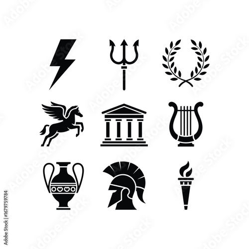 Collection of ancient greek mythology symbols ancient artifacts and gods attributes representing history