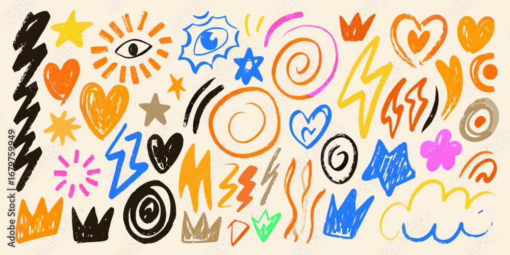Naklejka premium Vibrant collection of hand drawn doodle shapes and symbols in a whimsical abstract pattern