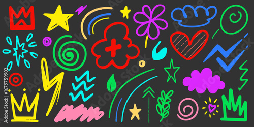 Collection of colorful hand drawn doodle elements and symbols on a dark background