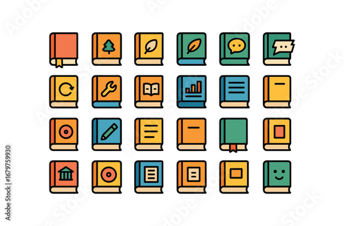 colorful flat vector icons Book (Types) book novel book story book tale book poem book comic book manga book guide book manual book report book log book diary book journal book note book.