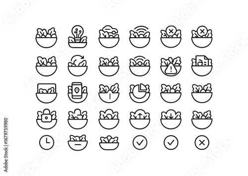 vector outline icons Salad (Advanced) salad smart salad ai salad auto salad manual salad synced salad unsynced salad online salad offline salad monitor salad tracker salad alert salad.