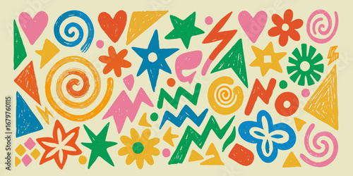 Tableau sur toile Vibrant abstract shapes and symbols in a playful retro pattern design
