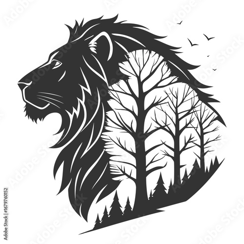Lion head glowing inside shattered forest silhouette