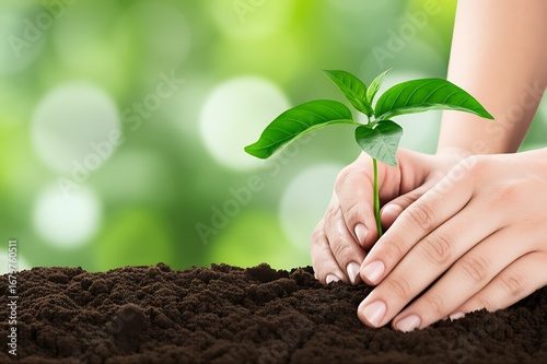 AI-generated image of hands gently planting a tiny seedling, symbolizing new growth and a commitment to environmental preservation and a sustainable future.