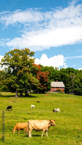 Countryside pasture with cows and farmhouse