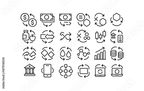 vector outline icons Exchange (Types) exchange money exchange cash exchange coin exchange note exchange crypto exchange token exchange barter exchange trade exchange swap exchange share.