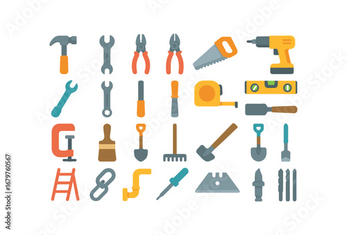 colorful flat vector icons Tools (Types) tools hammer tools wrench tools plier tools cutter tools saw tools drill tools screwdriver tools spanner tools file tools chisel tools tape tools.