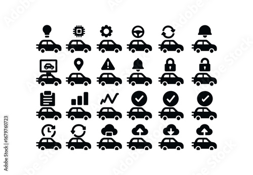 vector solid black filled icons Electric Car (Advanced) electriccar smart electriccar ai electriccar auto electriccar manual electriccar synced electriccar unsynced electriccar monitor.