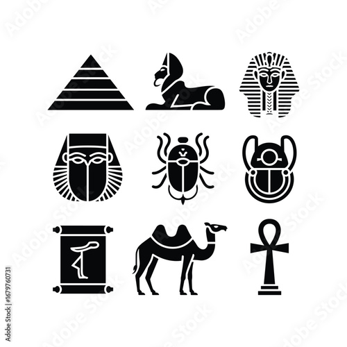 Collection of ancient egyptian symbols including pyramid scarab sphinx pharaoh camel and ankh