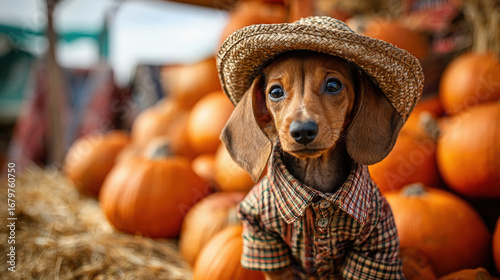 Funny Dachshund puppy, dressed in a village check shirt and a cowboy hat
