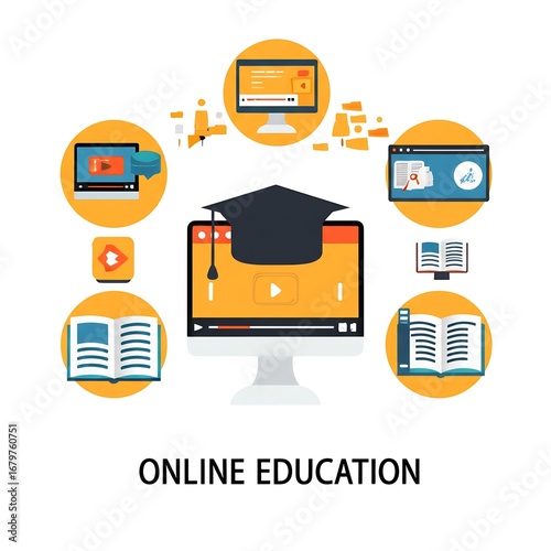 Digital learning experience featuring icons for online education, webinars, and e-books, symbolizing knowledge acquisition and remote study.