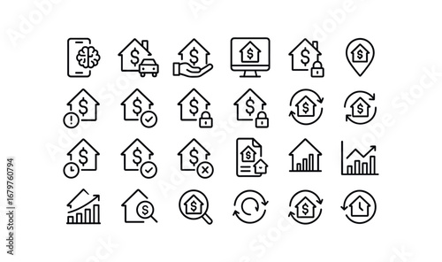 vector outline icons Mortgage (Advanced) mortgage smart mortgage ai mortgage auto mortgage manual mortgage monitor mortgage track mortgage alert mortgage notify mortgage secure mortgage.