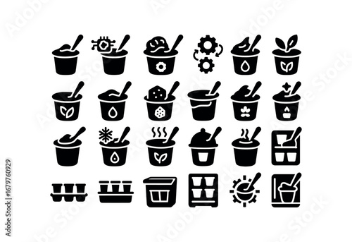 vector solid black filled icons Yogurt (Advanced) yogurt smart yogurt ai yogurt auto yogurt manual yogurt organic yogurt vegan yogurt glutenfree yogurt lowfat yogurt sugarfree yogurt packed.