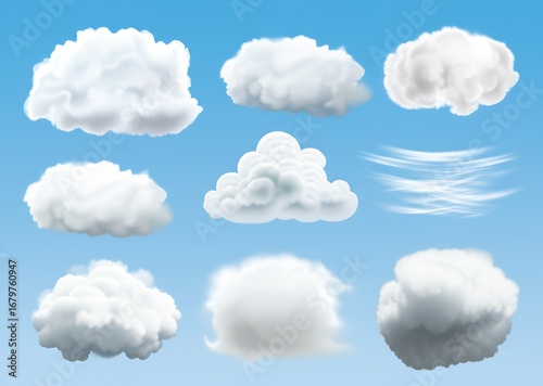Isolated PNG collection featuring diverse cloud illustrations, showcasing a variety of shapes, types, and atmospheric formations for graphic design.