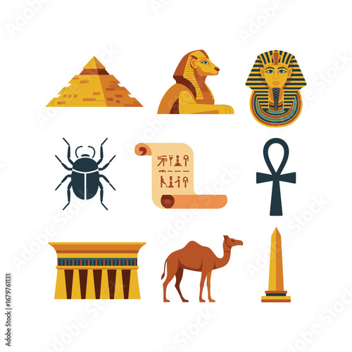 Ancient egyptian icons set featuring pyramid sphinx scarab ankh tutankhamun camel obelisk and scroll