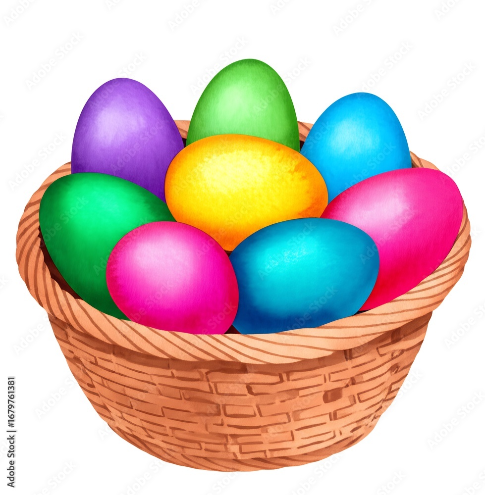Naklejka premium Vibrant watercolor Easter eggs in a festive basket, bursting with cheerful colors and springtime joy, perfect for holiday celebrations.