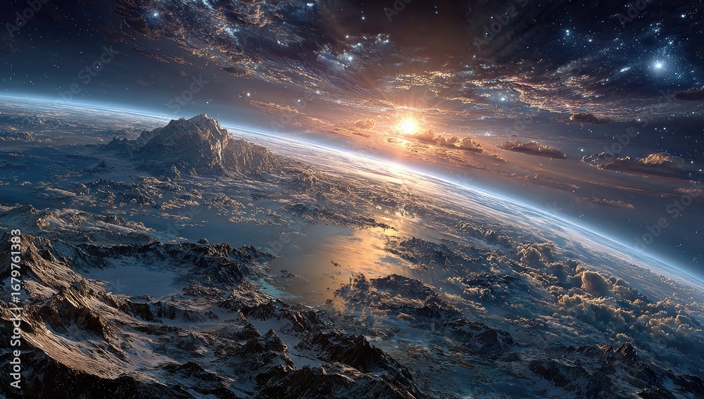 Fototapeta premium Alien world sunrise, icy mountains