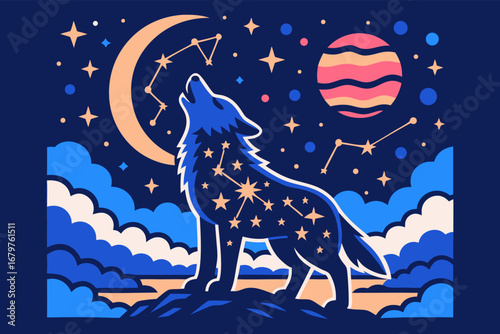 Celestial wolf howling beneath crescent moon and planets over hills under starry night sky