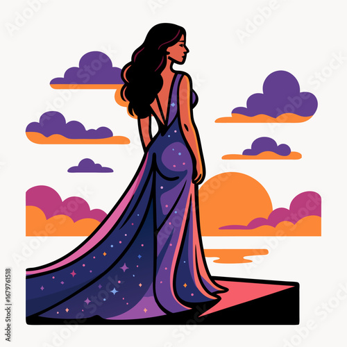 Elegant woman in starry evening gown on terrace at colorful sunset sky dreamy horizon