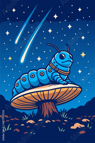 Blue caterpillar riding a mushroom spaceship under a starry night in a fantasy forest clearing playful sci fi mood
